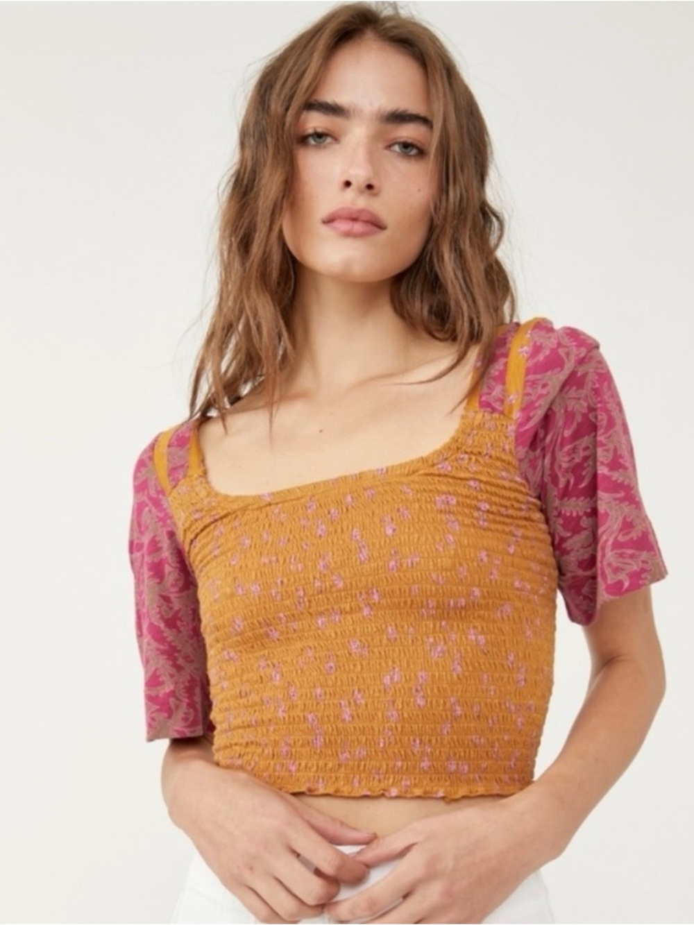 Free People Marigold Square Neck Floral Print Smocked Pink Top NWOT size XS